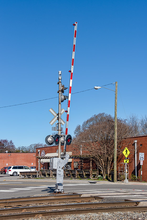 The railway crossing in the center of town