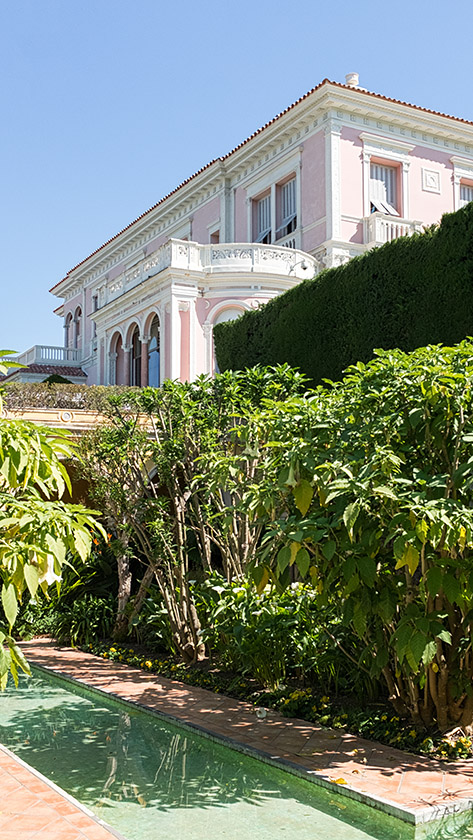 Looking up at the villa from the Spanish garden