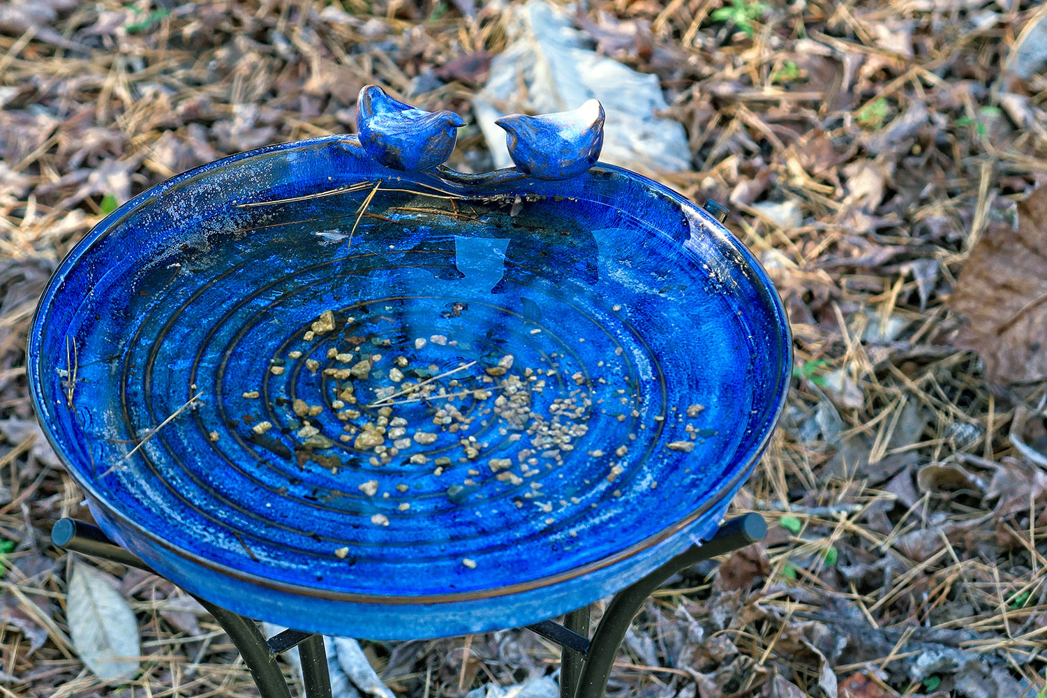Bathing Bluebirds by Julie Berkowitz, Chapel Hill, NC (Clay, glaze, metal stand)