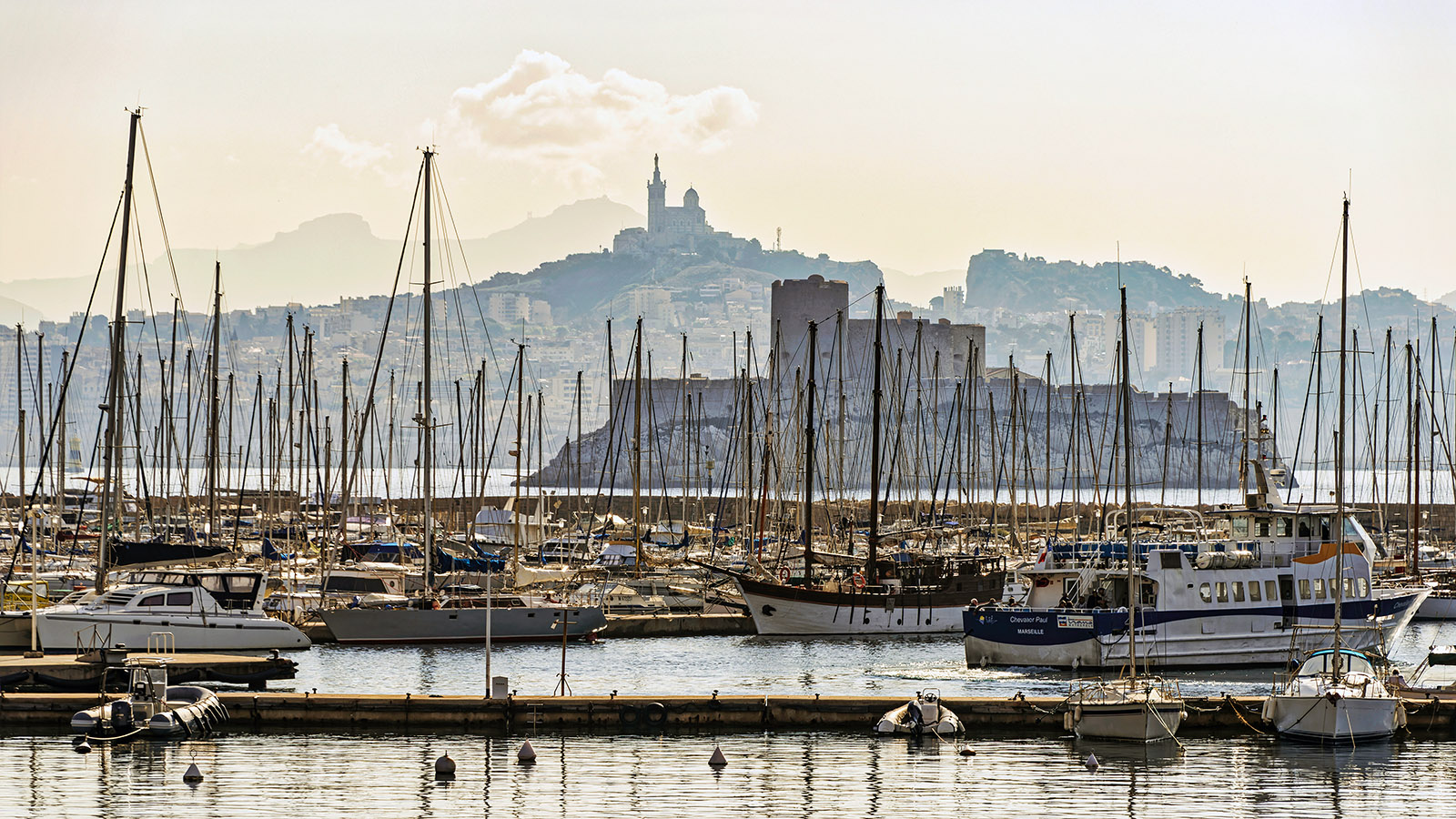 Château d'If and Notre Dame de la Garde seen from Frioul harbor