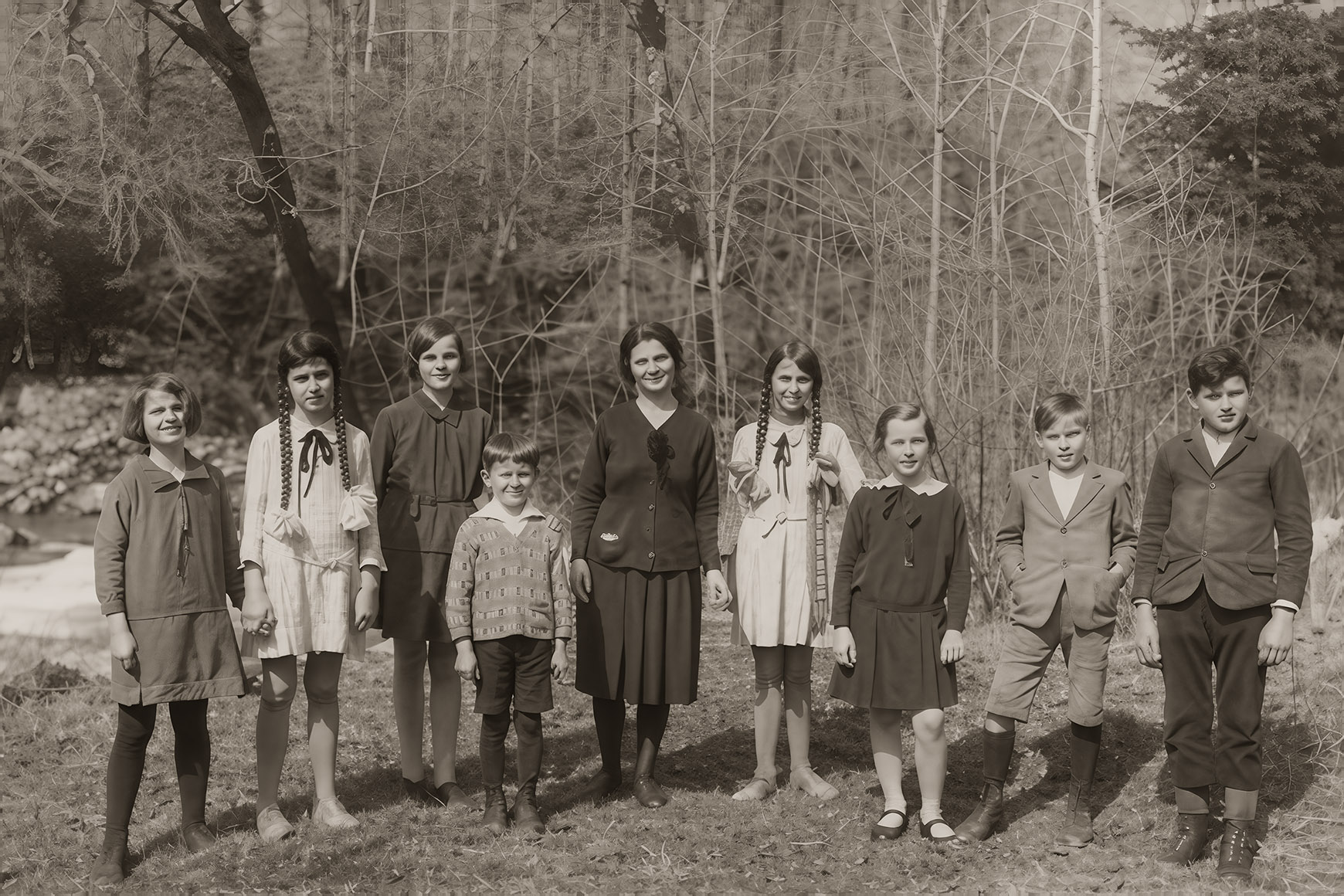 After processing, Rural school class kids with their teacher (1932)