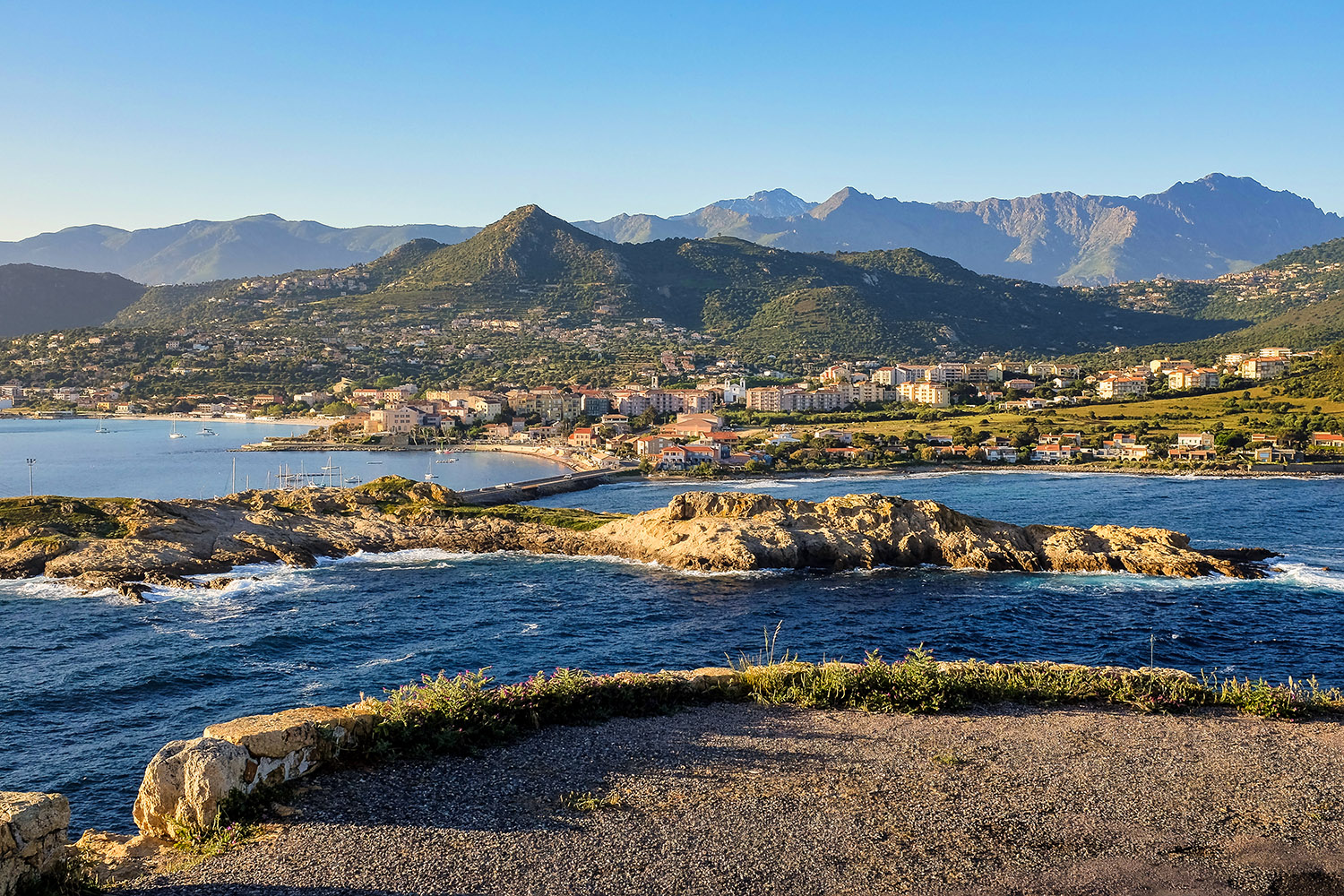 View from the L'Île Rousse lighthouse onto the town