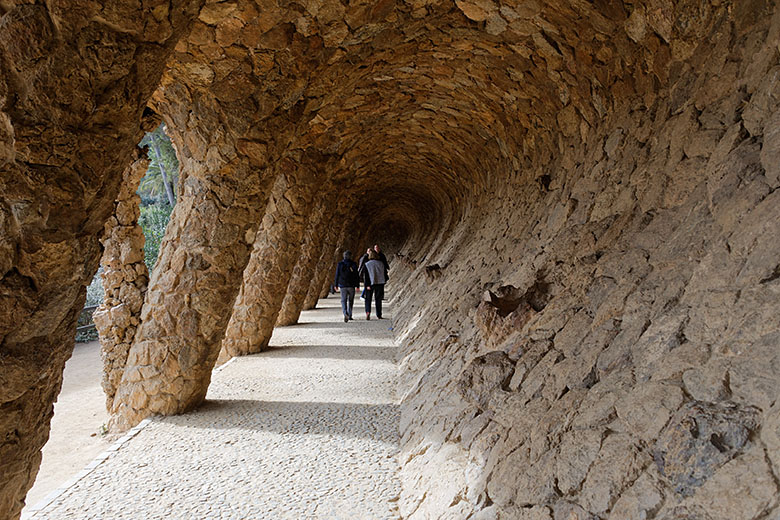 Colonnaded pathway with sloping columns