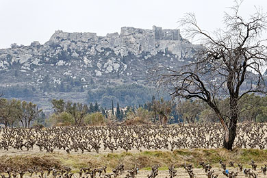The Les Baux castle ruins seen from the valley