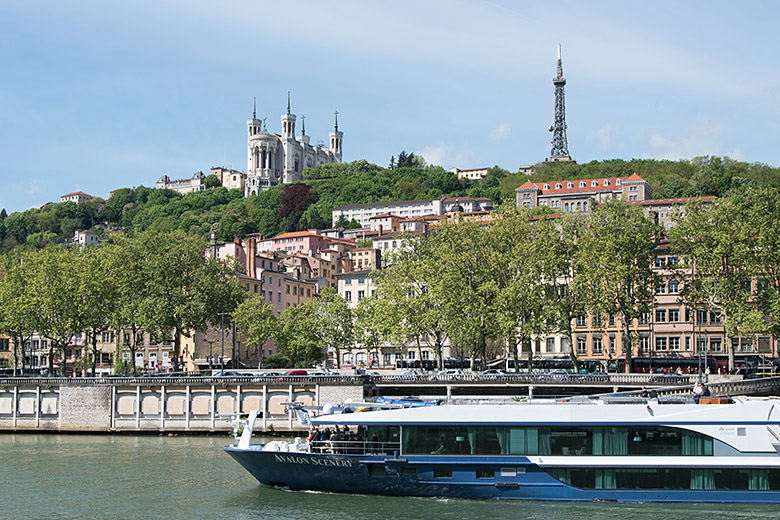 Looking across the Saône to the metallic tower of Fourvière