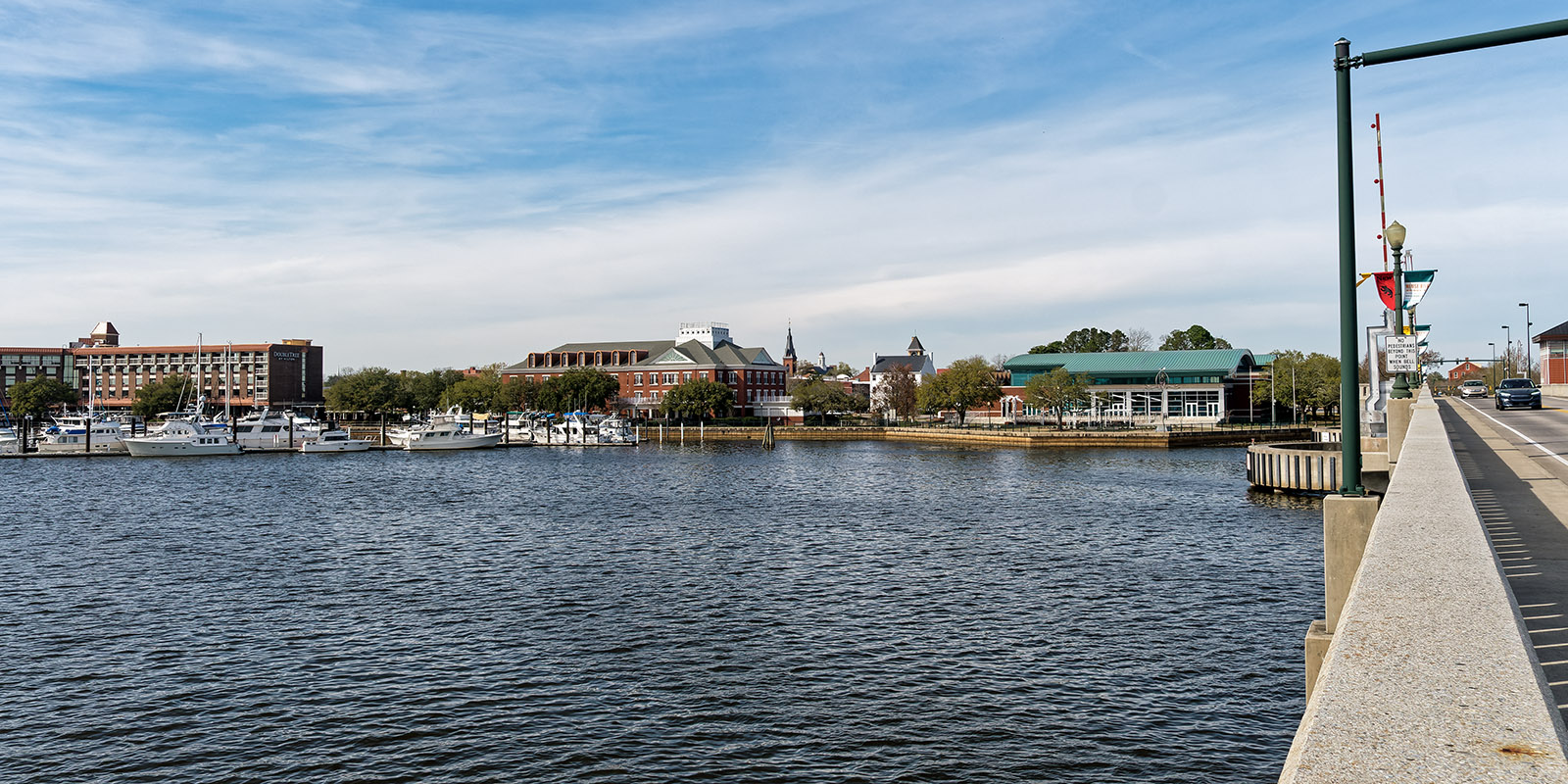 Walking across the Alfred Cunningham Bridge from our hotel to the center of town