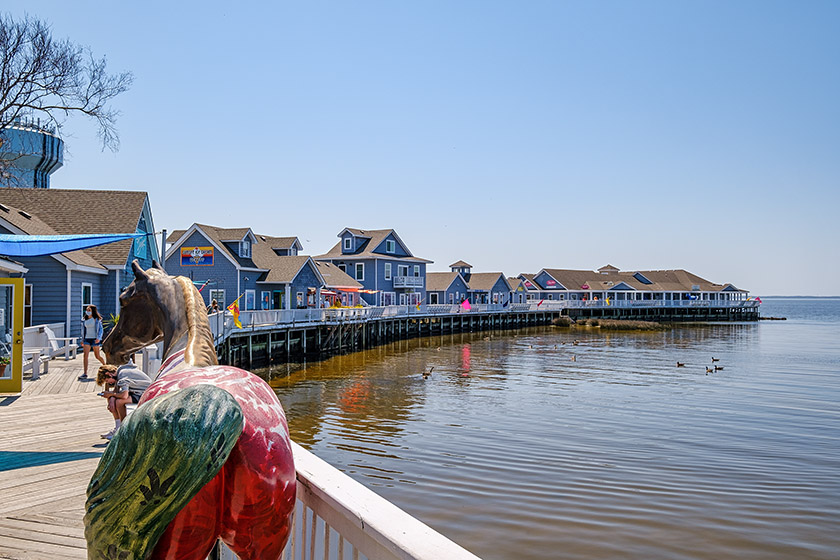 Near the center of town, there are various shops right on the boardwalk