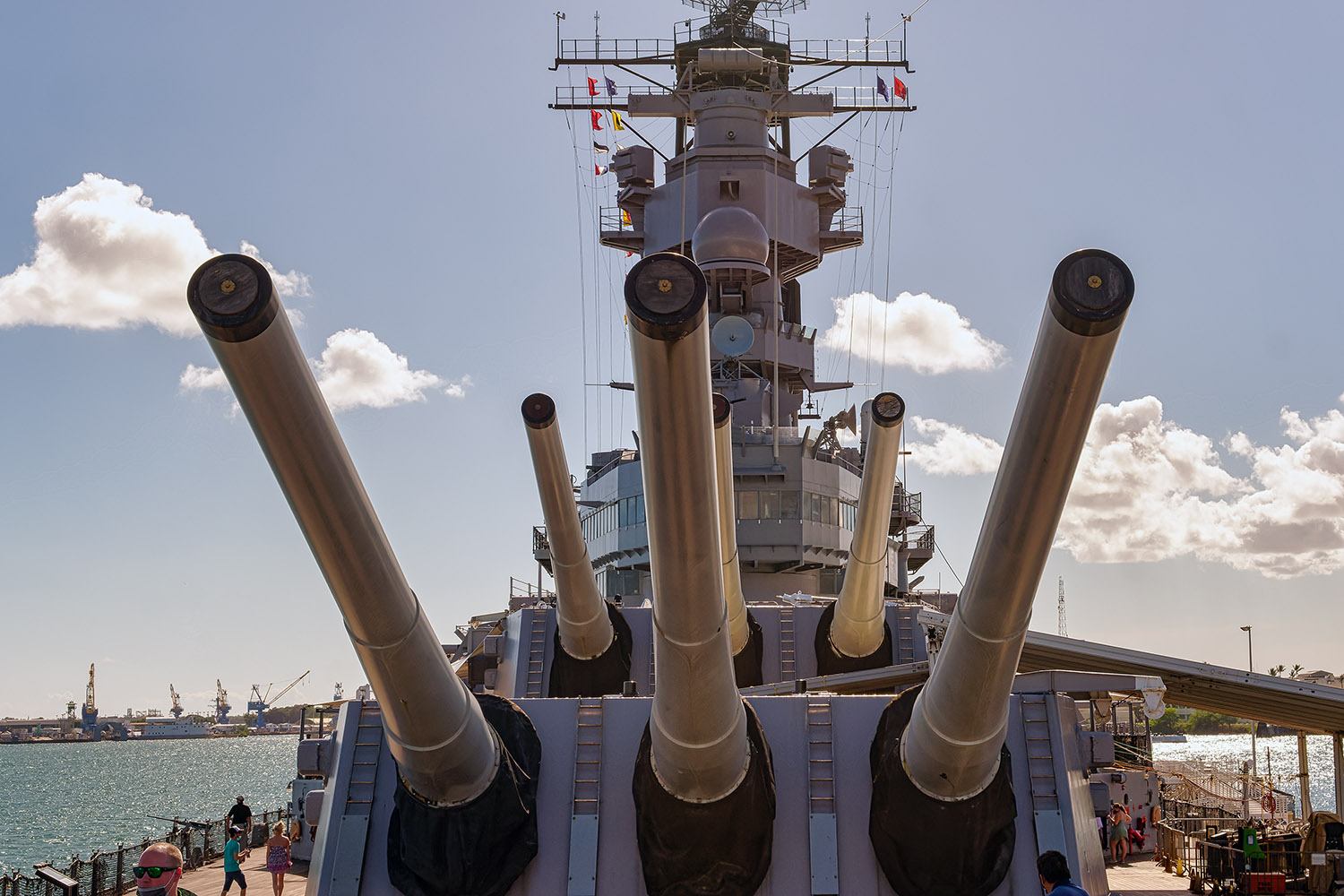 Six of the nine 16-inch guns. Each barrel is 65 feet and weighs 116 tons