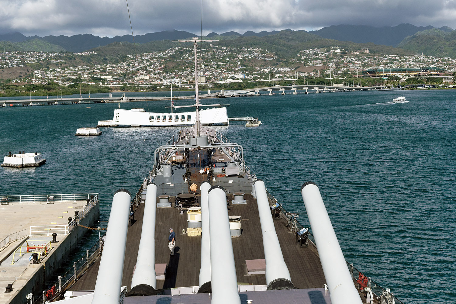 The view from the bridge onto0 the U.S.S. Arizona Memorial and the harbor